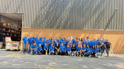 Big group of employees in blue tshirts at annual summer picnic